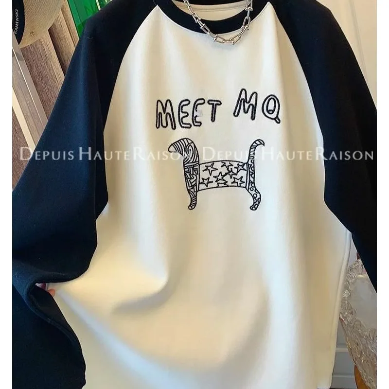 Embroidered Abstract Puppy Brushed Raglan Long-sleeved Women's Autumn Winter German Velvet T-shirt Bottoming Shirt