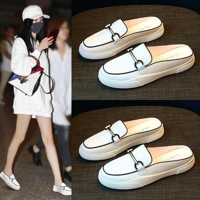 Junior Slides Leather Mules Round Toe Women\'s Slippers and Ladies Sandals White Black Non Slip 39 Natural Skin 2024 Luxury Shoes