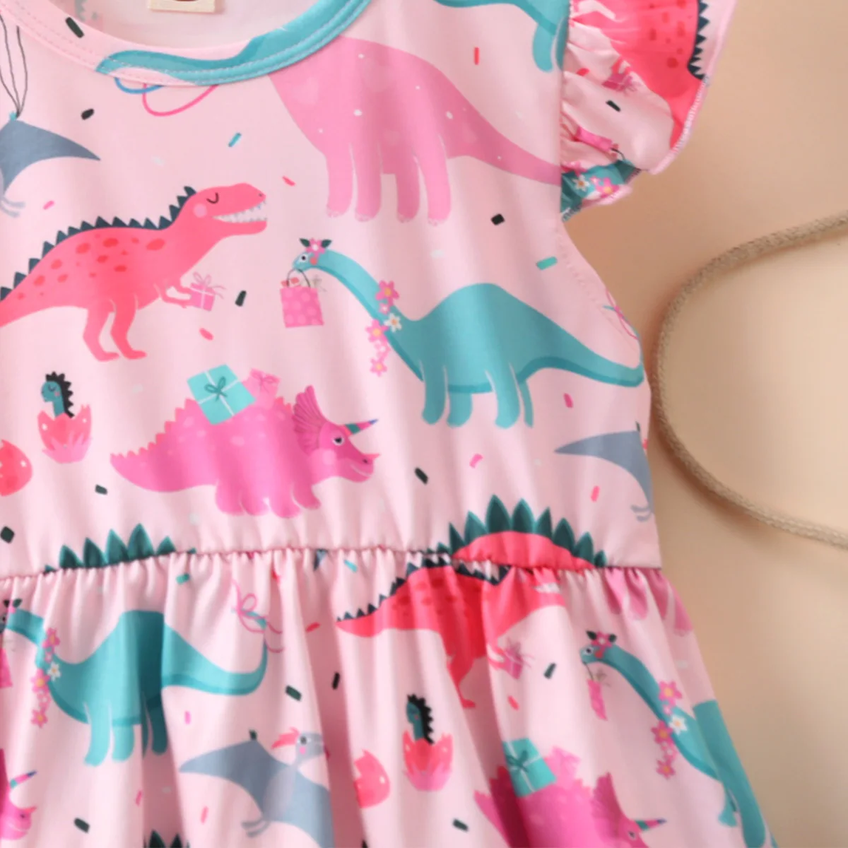 2024 NEW Girl Dresses Cartoon Dinosaur Pattern Flying Sleeve Summer Kids Girls Party Dresses 2 To 8 Years Kids Casual Clothes