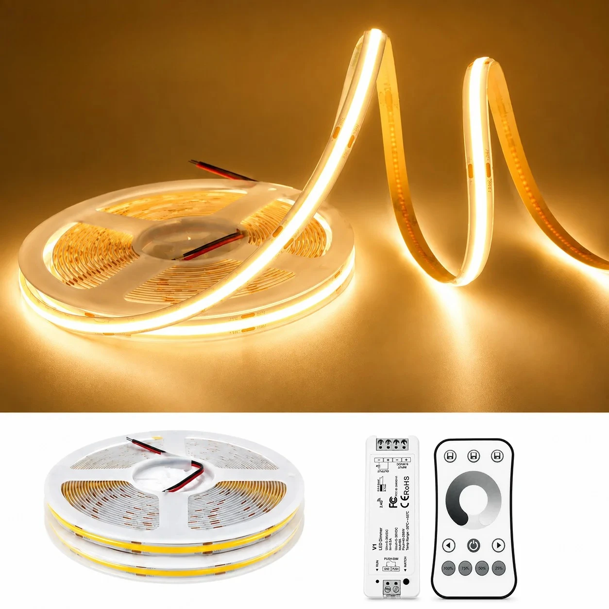  24V LED COB Free Cut Strip 5m 10m 312/576 LEDs Flexible Light Tape 3000K 4000K 6000K Bright Linear Lighting with Remote Control