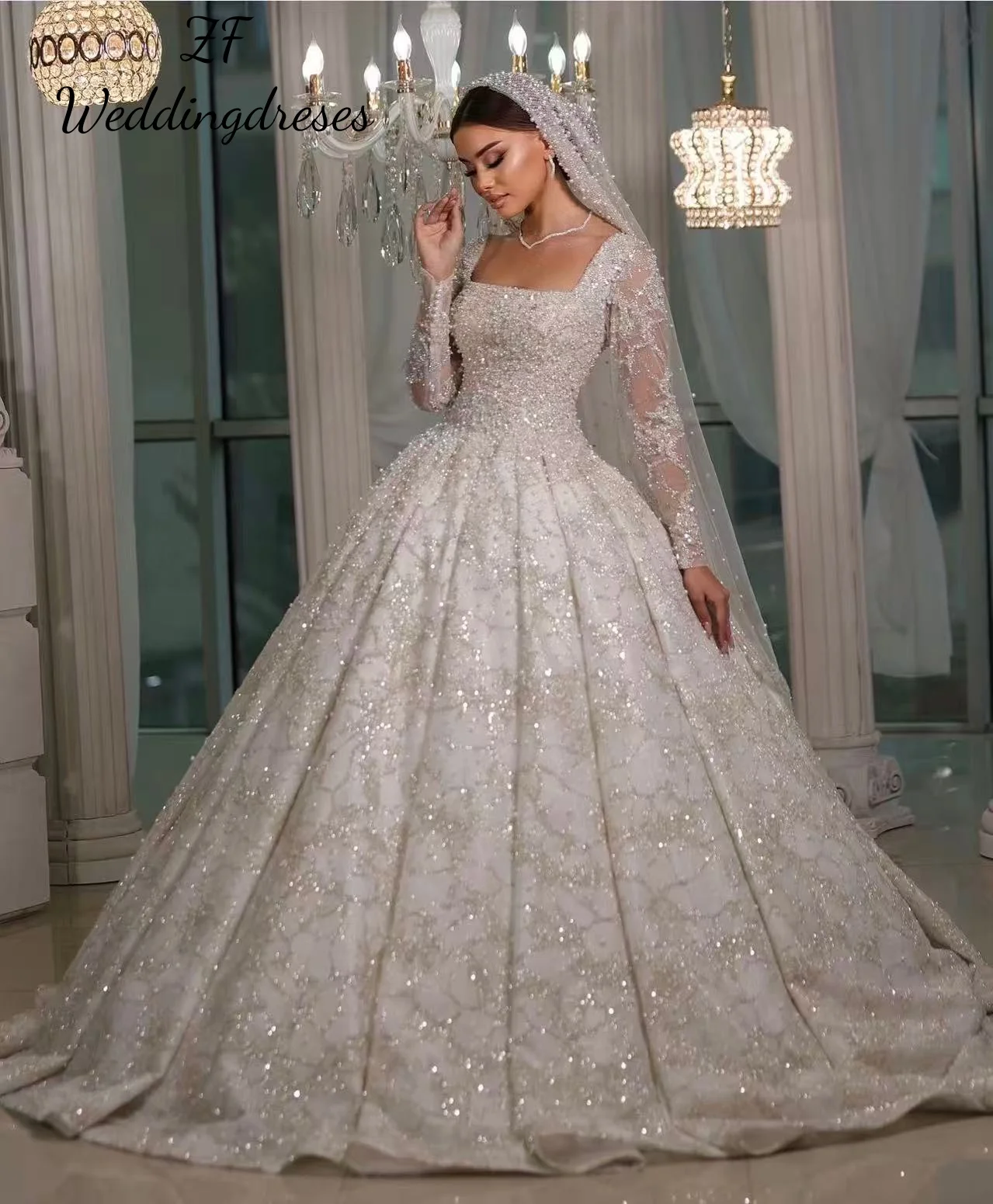 Customzied wedding dresses for woman Square Neck Long Sleeve Lace Sequined Beaded Bridal Gowns Robe De  Vestidos De Novia