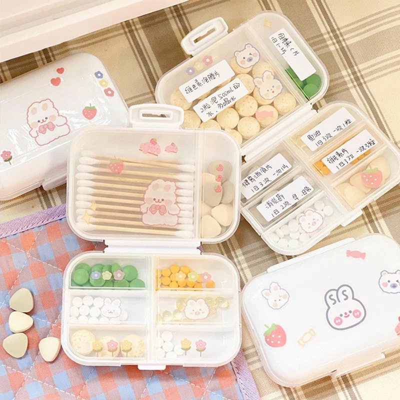 Kawaii Pill Case With Sticker Container Plastic Medicine Pill\'s Box Office Home Travel Storage Storage Organizer For Small Thing