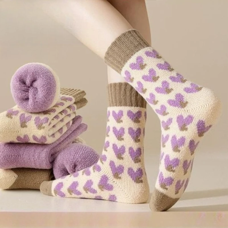 4/8Pair Women's Autumn Winter Mid-Length Socks Fashionable Versatile Purple Heart-Shaped Soft Warm Comfortable Casual Long Socks
