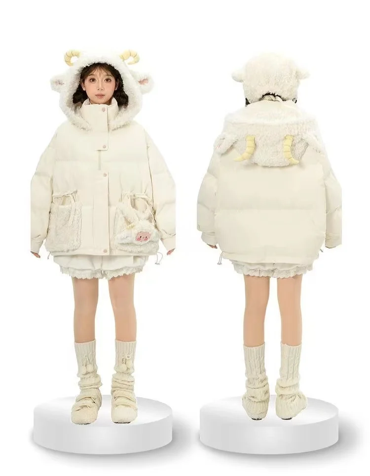 Sweet Sheep Cute Hooded Cotton-padded Warm Coat Women Jacket  Autumn And Winter Super Thick Trend Cute Fun Cotton-padded Clothes