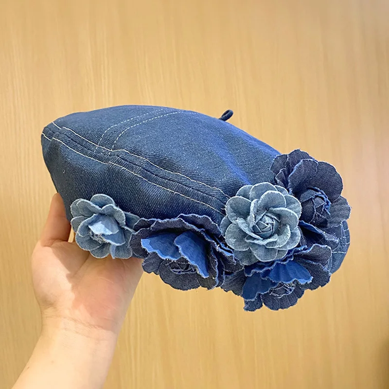 Korean Flower Denim Beret Hats Spring Autumn Female Trendy Women Camellia Painter Caps Casual Cotton Beanie Hats