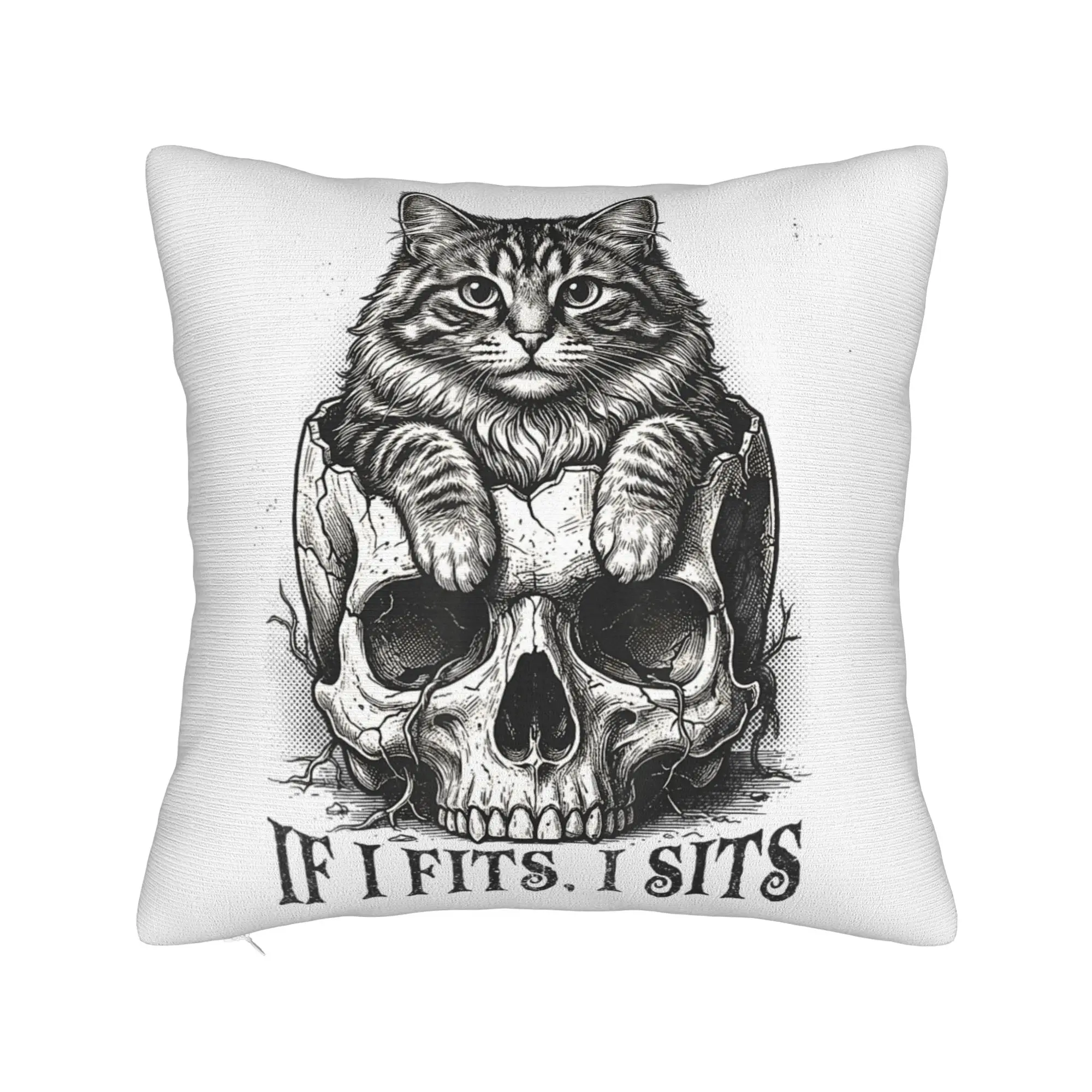 If I Fits I Sits Black Cat Skull Gothic Dark Humor Pillow Case  Comfy Pillow Cover For Couch Sofa Bedroom Fashion Cushion Cover