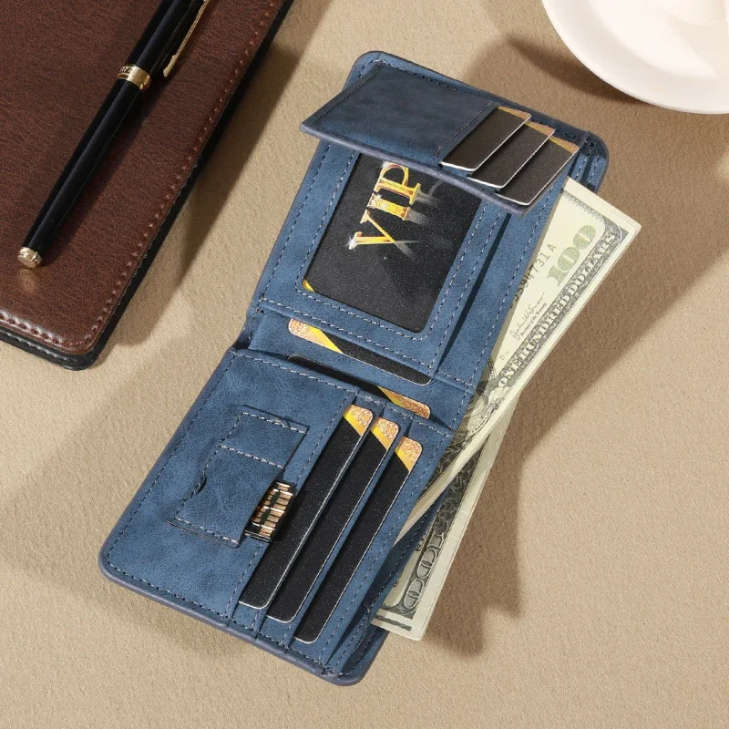 

Vintage Matte Leather Men's Wallet - Coffee Tri-fold with Multi-Card Slots, Money Clip, and Eyelet Detail