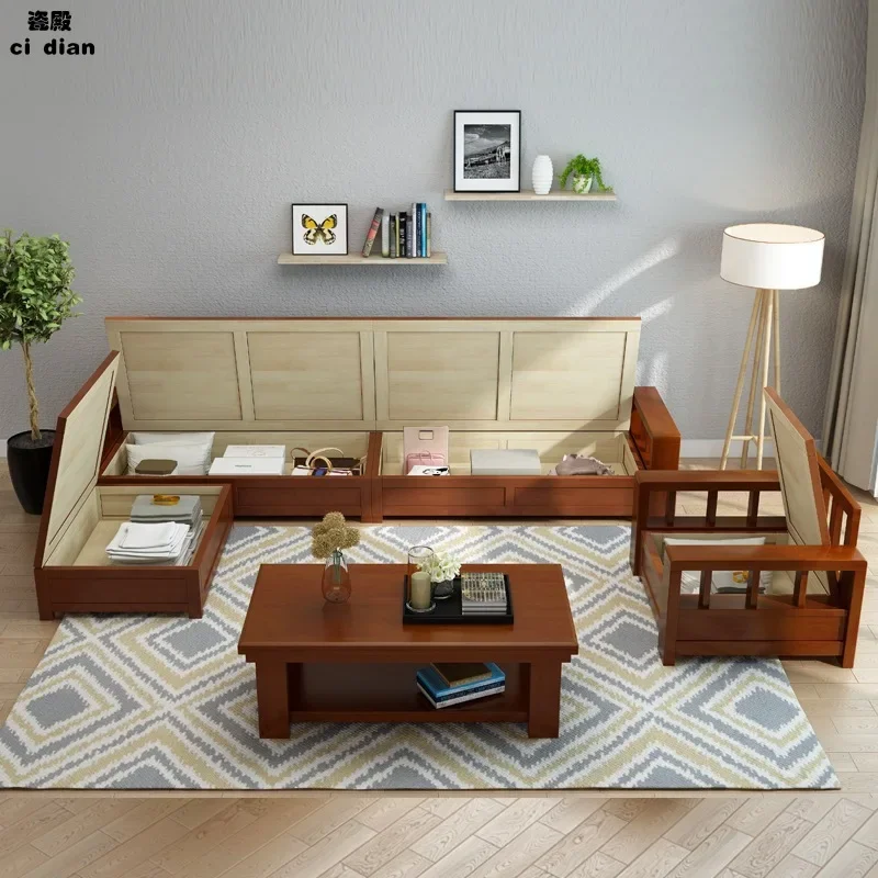 Chinese-style solid wood sofa broaching machine simple living room sofabed furniture