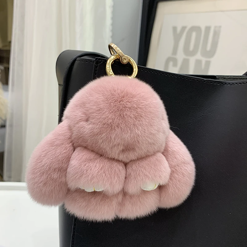 100% Natural Rex Rabbit Fur Cute Fluffy Bunny Keychain Real Fur Key Chains Bag Toys Doll Lovely Keyring Pendant