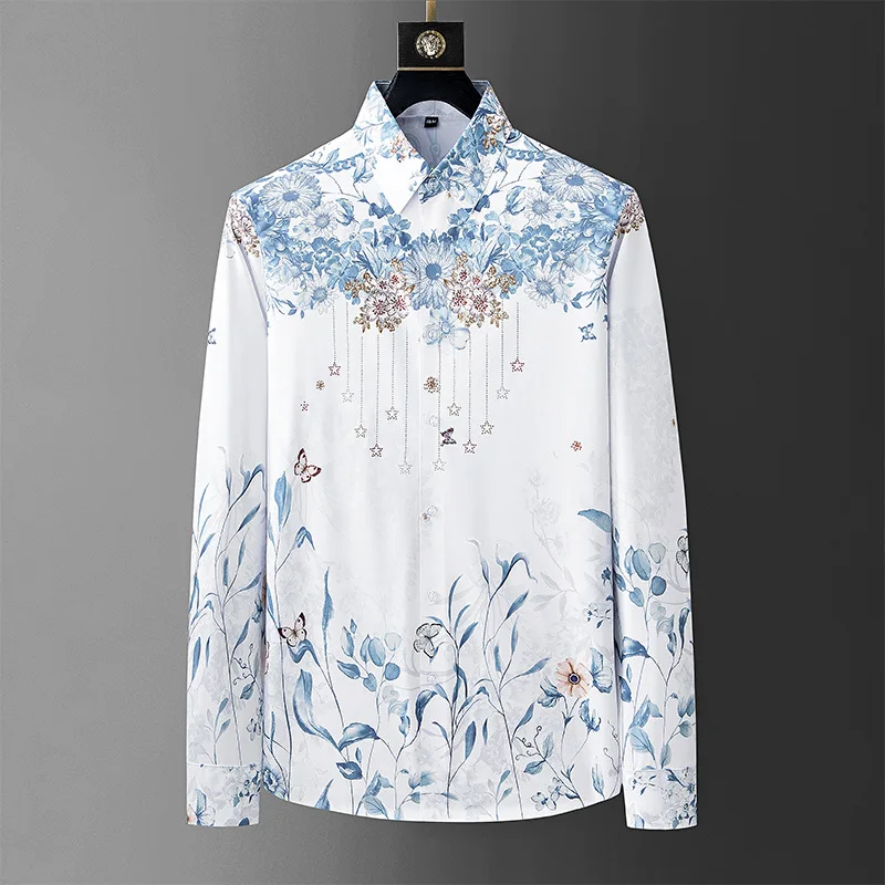 Camisa Masculina Luxury Flower Rhinestone Printed Shirts Men Long Sleeve Casual Business Dress Shirts Social Party Tuxedo Blouse