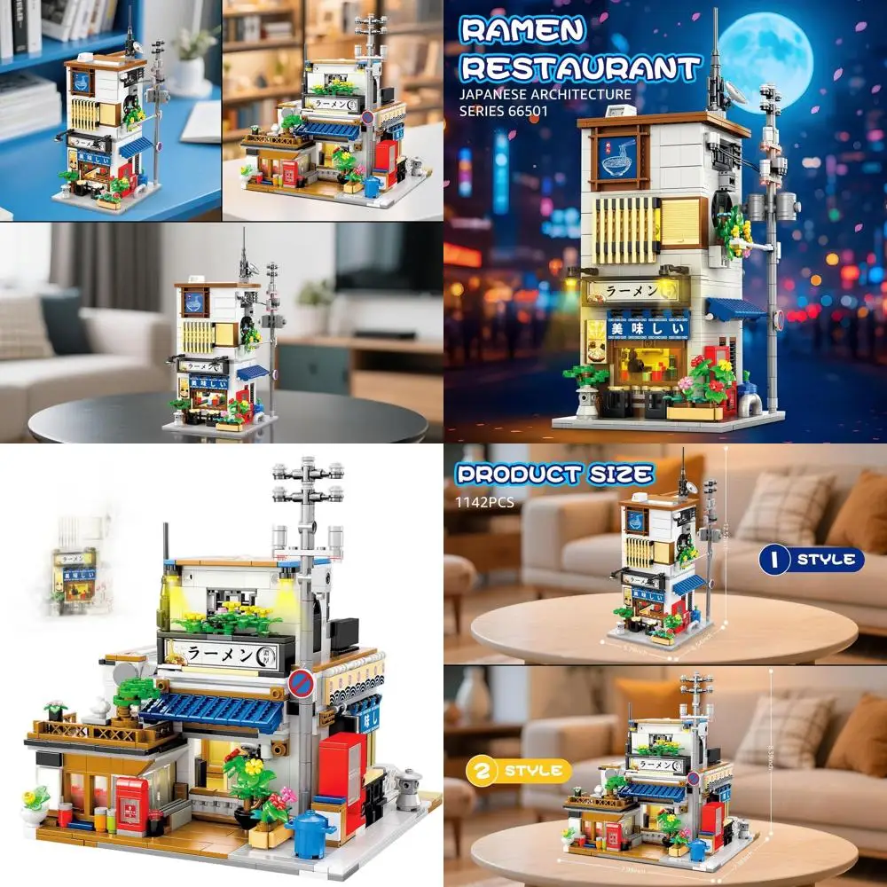 Zestaw do budowania 2w1: Japońska Restauracja Ramen i Dom z Widokiem na Ulicę z Oświetleniem, Architektura w Japońskim Stylu, Idealny Prezent dla Dzieci od 14 Lat