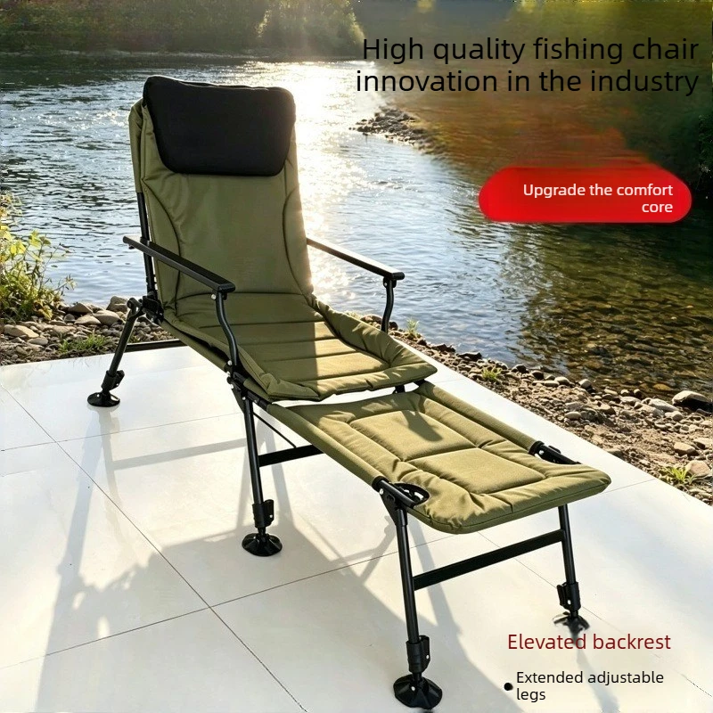 Military Green All-Terrain Reclining Fishing Chair, Multifunctional Foldable Leisure Seat, Strong Load Breathable for Anglers