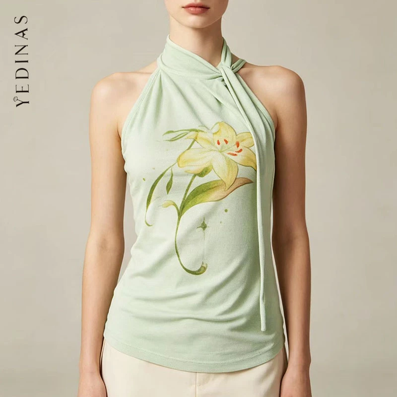 Yedinas Print Floral Tank Tops Sleeveless Summer Tops Chic Lace Up Green 2000s Clothes Y2k Halter Tops Clothes For Women Tanks