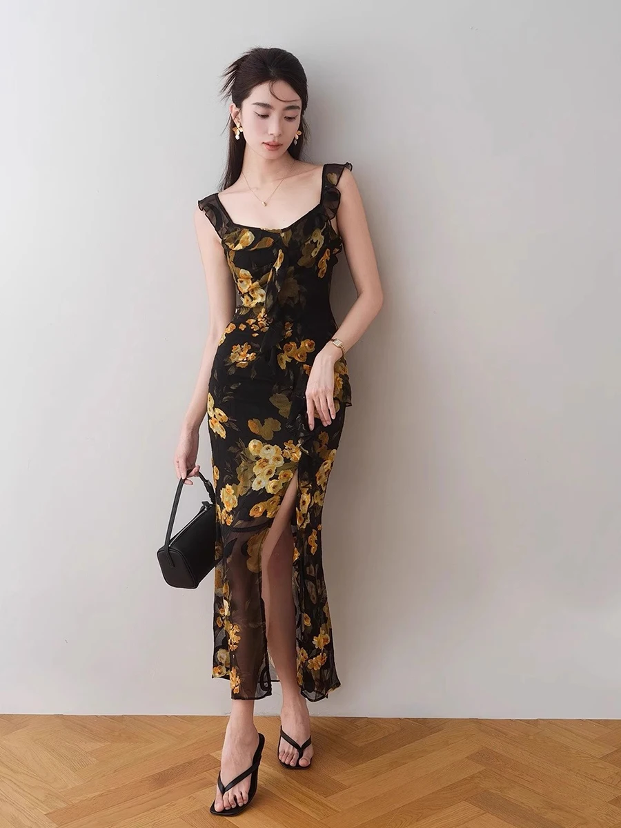 REDDACHiC Estate Boho Maxi Abito Lungo Donna Chiffon Floreale Collo Quadrato Canotta Increspato Split Sirena Vestito Estivo Abiti Estivi