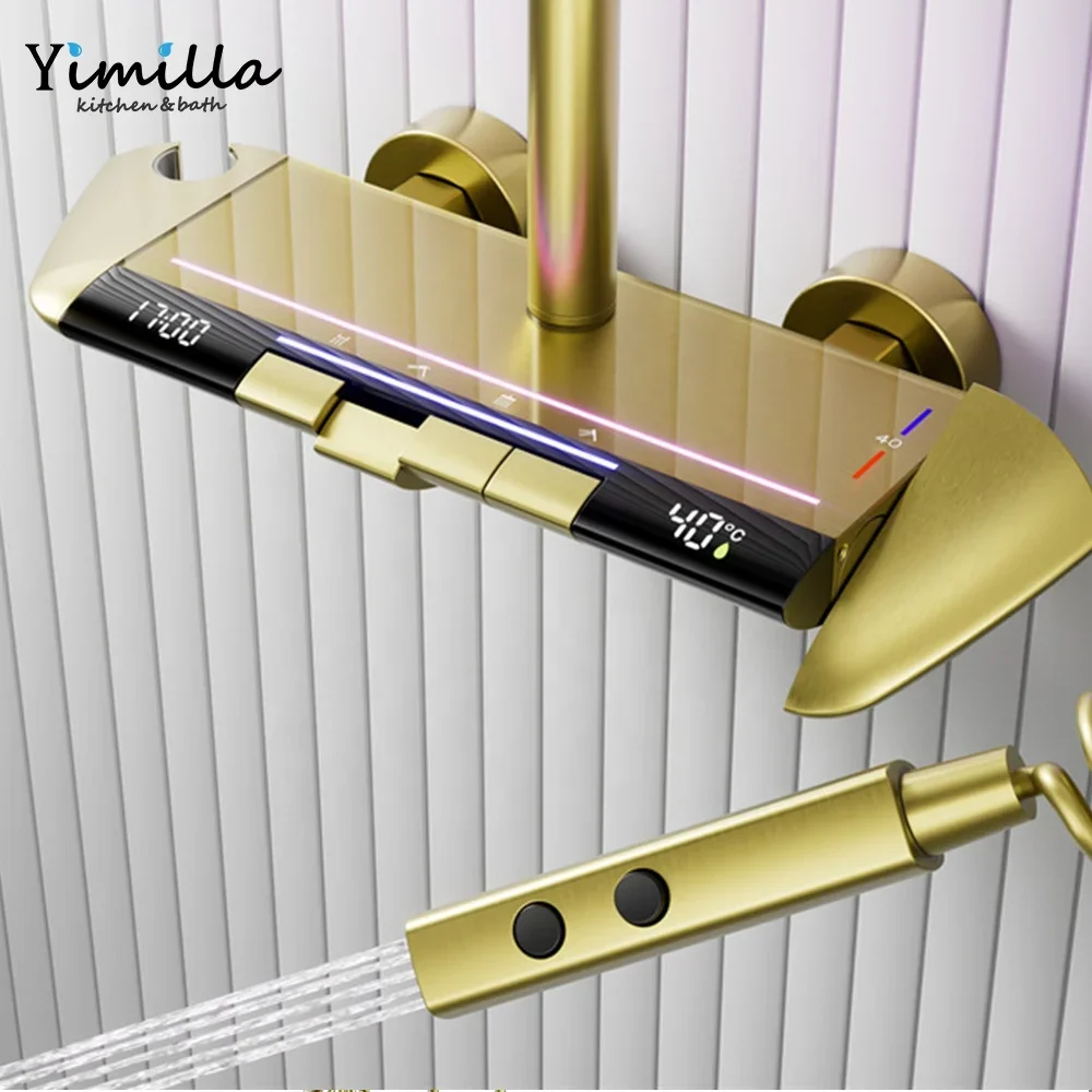 Modern Luxury Brass Shower Set Gun Grey  Massage Brushed Gold Digital LED Light Bathroom Shower Set with Cold and Hot Water