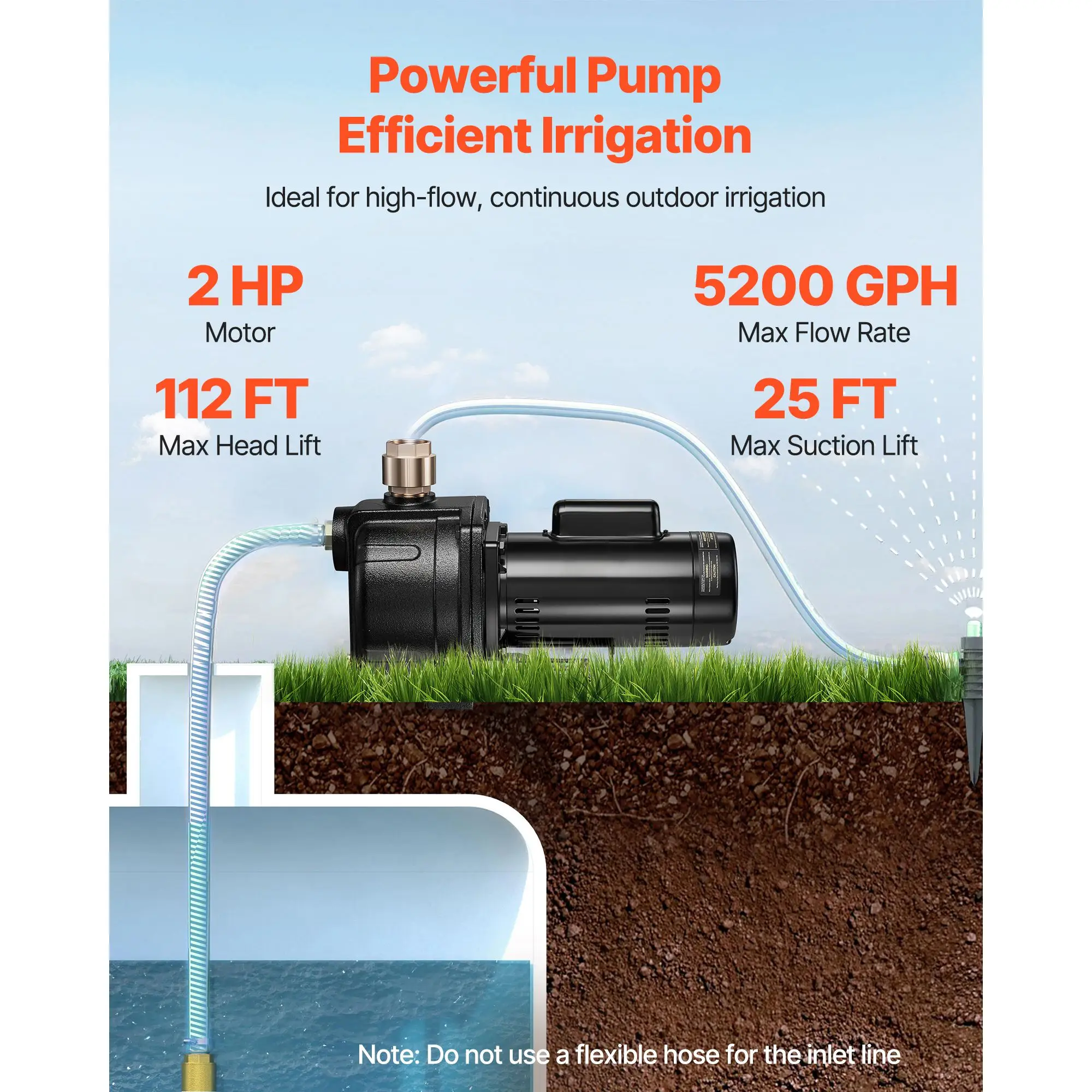 

2 HP Shallow Well Jet Pump, 230 Volt, 5200 GPH Cast Iron Well Jet Pump, with 112 ft Max Head Lift, Check Valve, Thermal Protection, Automatic On/Off, for Garden Irrigation Lawn Sprinkler System