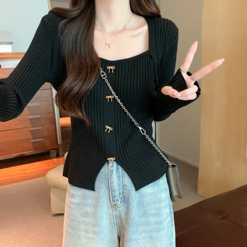 Hot Girls Square Neck Bow Knit Tops Women Autumn New Versatile Design Niche Slim Bottom Pullovers Female Y2k Clothes