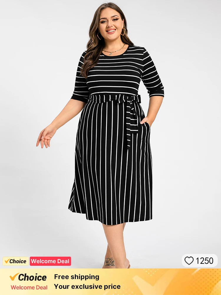 

Plus Sized Clothing Fashion O-Neck Black And White Striped Belted Midi Dress Women's Clothing Ladies Dresses with Pockets