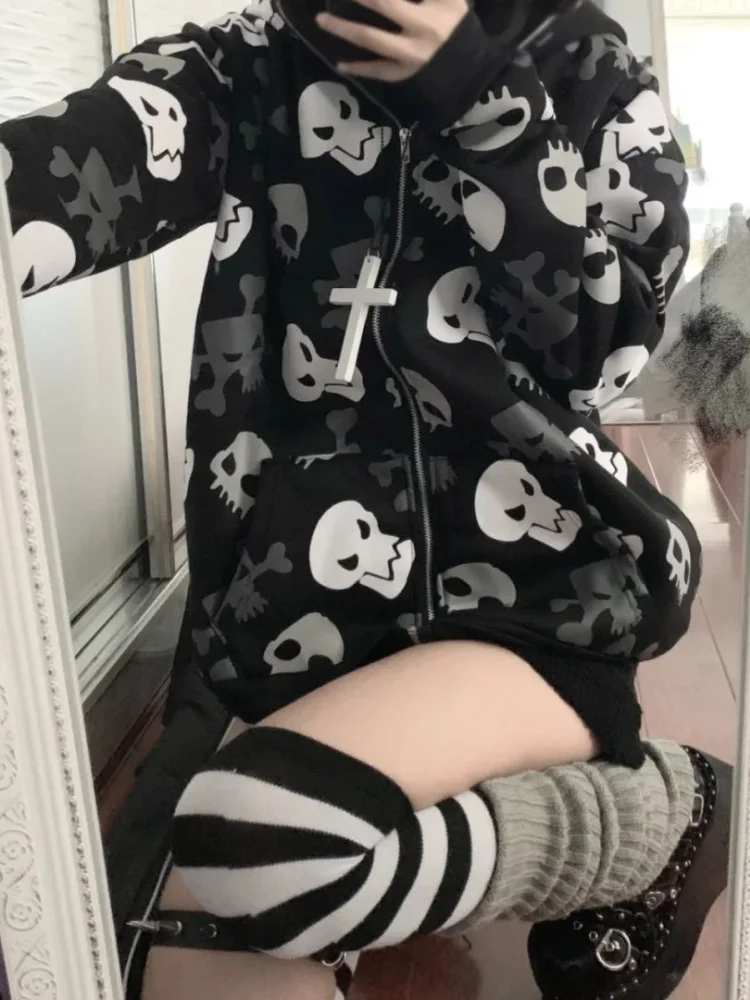 HOUZHOU-Hoodies femininos de Harajuku Grunge Vintage com zíper, moletom gótico japonês com estampa de crânio, roupas Y2K Streetwear, 2023
