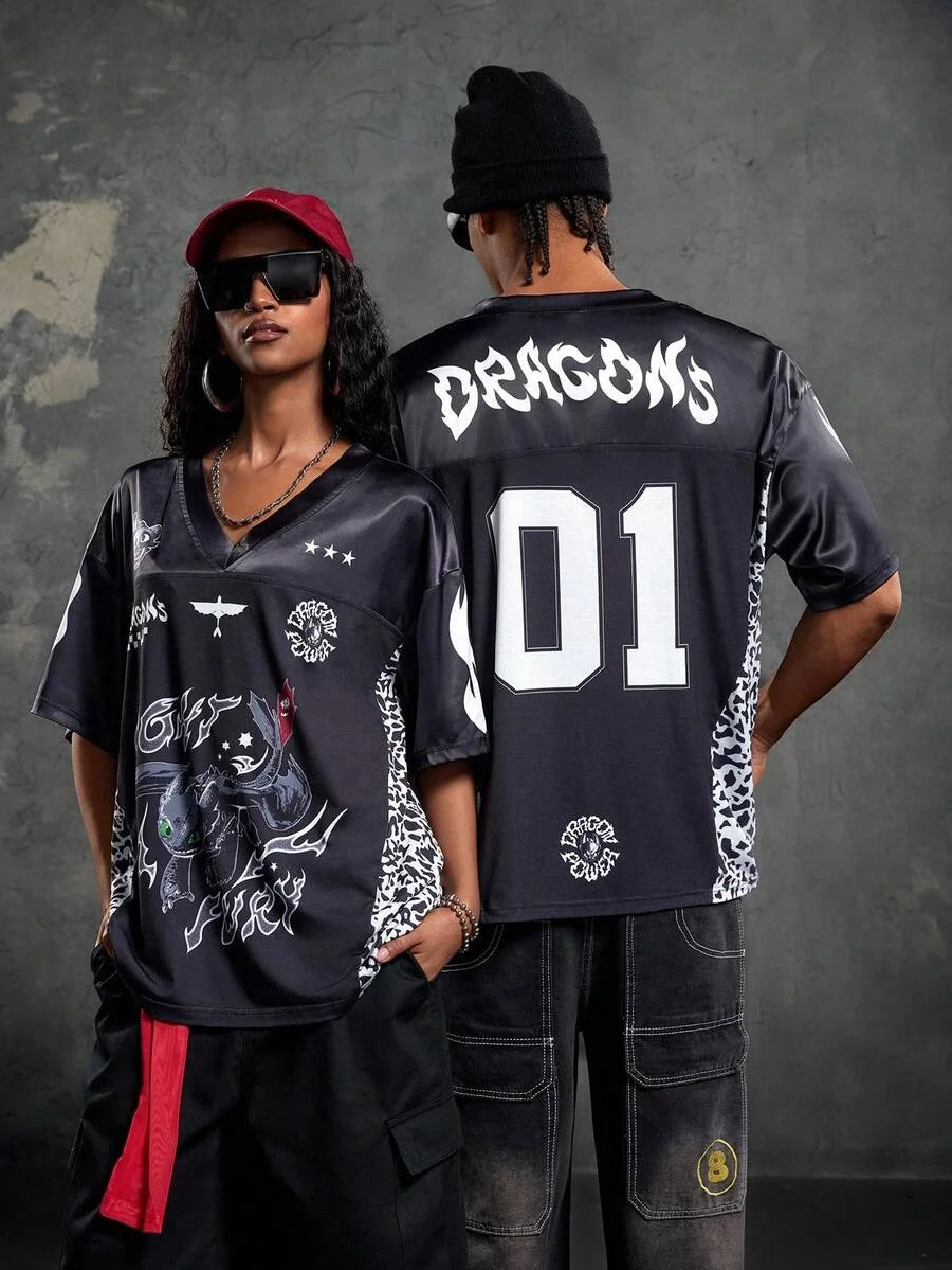 

Black White Cow Print Side Panel Cute Dragon Graphic Oversized Satin Sports Jersey Hip Hop Couple Street Top