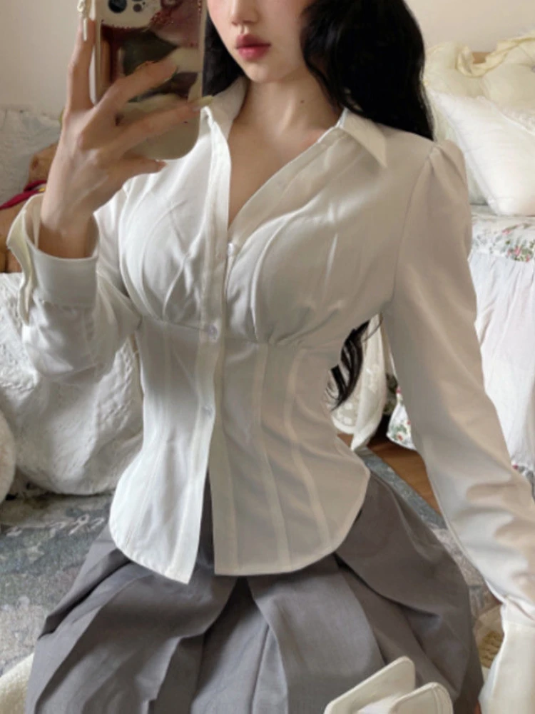 2023 Summer Slim Tunics Shirt Harajuku Preppy Women Sexy White Blouses Elegant Female Japanese Style Casual Korean Fashion