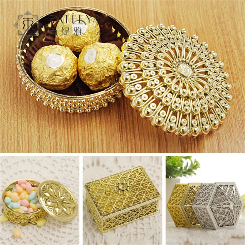 Mini Hollow Gold Foil Cake Candy Box Wedding Favor Baby Gift Treat Box Party