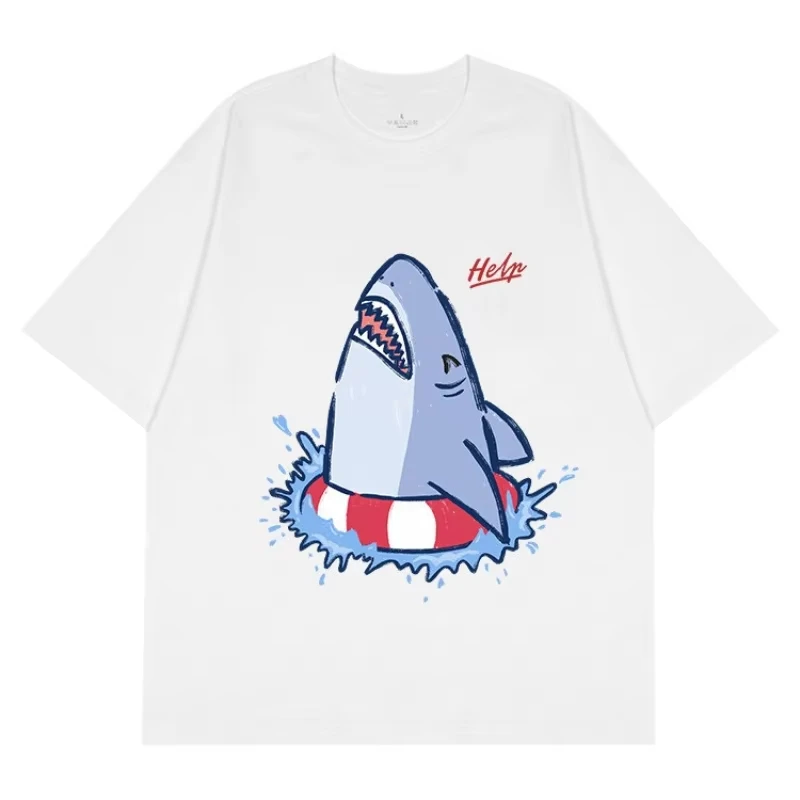 2026 Drowning Shark Creative Cotton Breathable Loose Men's and Women's Casual Short Sleeve T Shirt