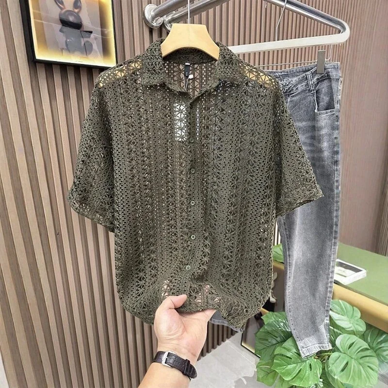 Men Hollow Crochet Mesh Short Sleeve Shirt Lapel Collar Button‑Up Openwork Loose Casual Beach Tops