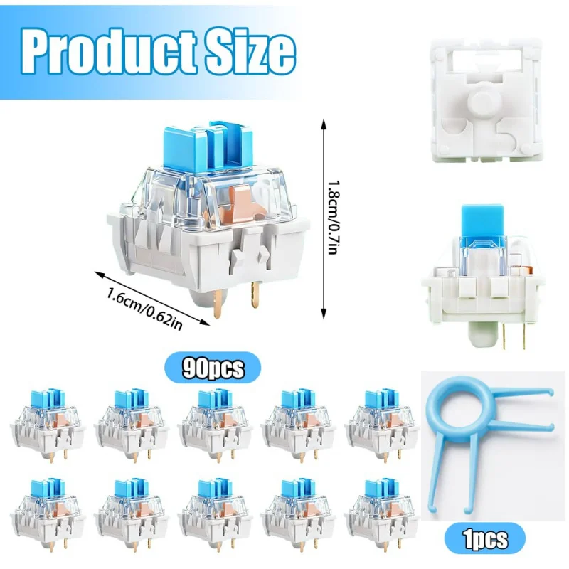 50/100 Pcs Blue Keyboard Switches with Switch Puller, 3-PIN Mechanical Keyboards Switches Clicker Replacement Dustproof