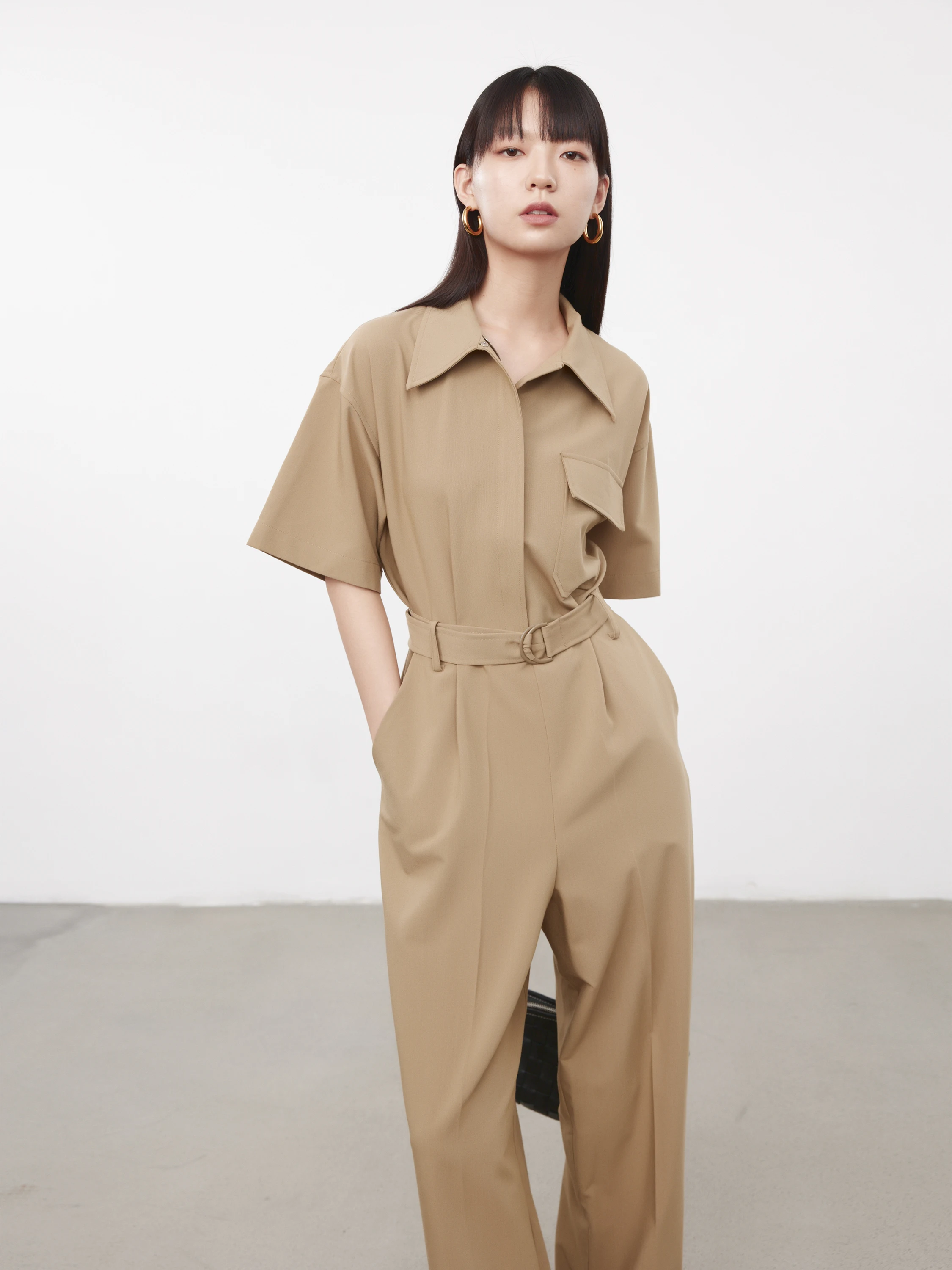 

Pumen XUS Summer Wide Leg Casual One-Piece Waist-Cinching Pants with Belt High Waist Straight Cut Thin Polyester Fabric