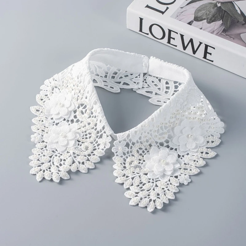 Hollow Out Lapel Detachable Fake Collar Pearl Flower Embroidery Shawl Wrap Decorative Collar Sweater Shirt Dress Accessories view 4