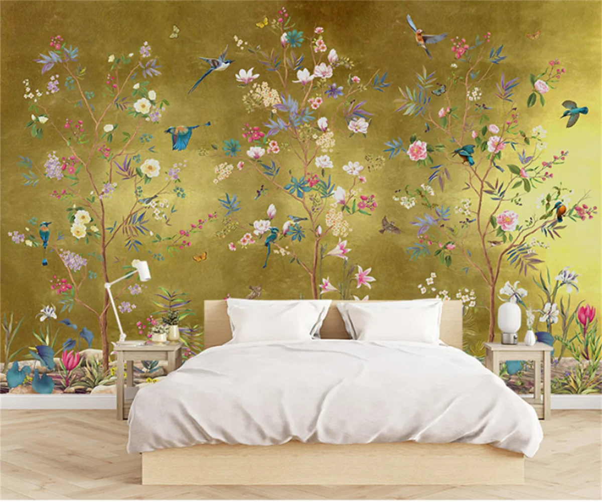 

customized New Chinese style meticulous hand-painted flowers birds trees flowers customized 3D mural wallpaper canvas self-adhes