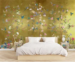 Personalizado nuevo estilo chino meticuloso pintado a mano flores pájaros árboles flores personalizado 3D mural papel tapiz lienzo autoadhesivo
