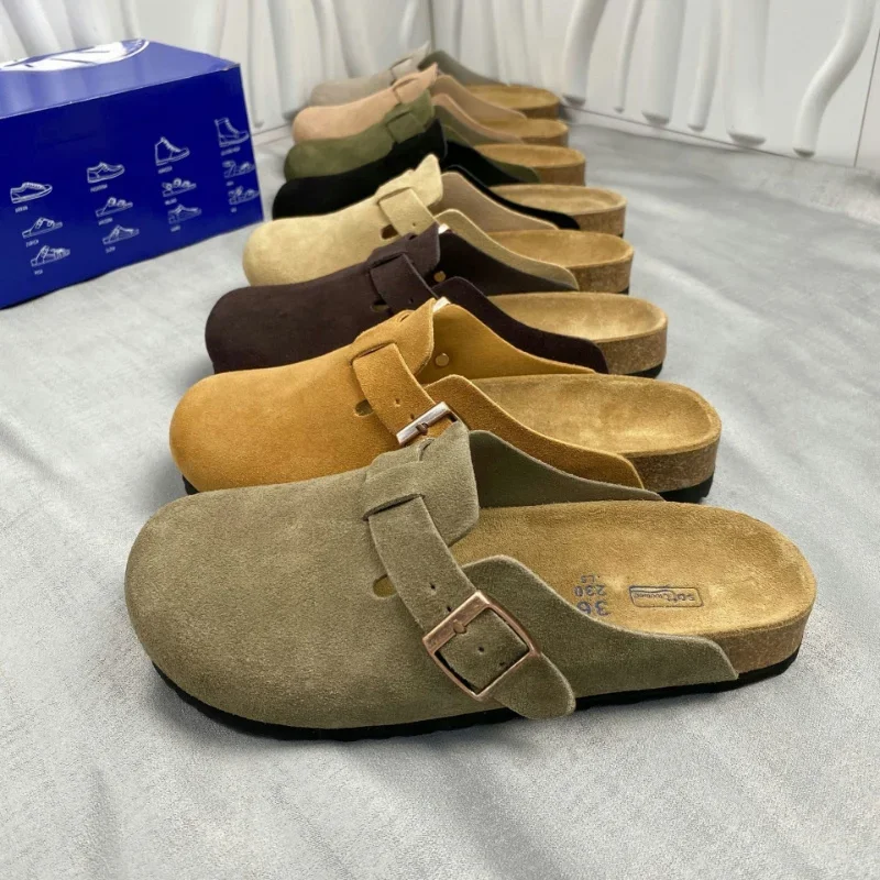 Sandalias de cuero para hombre y mujer, zuecos de punta, moda Retro, toboganes de playa, suela de corcho