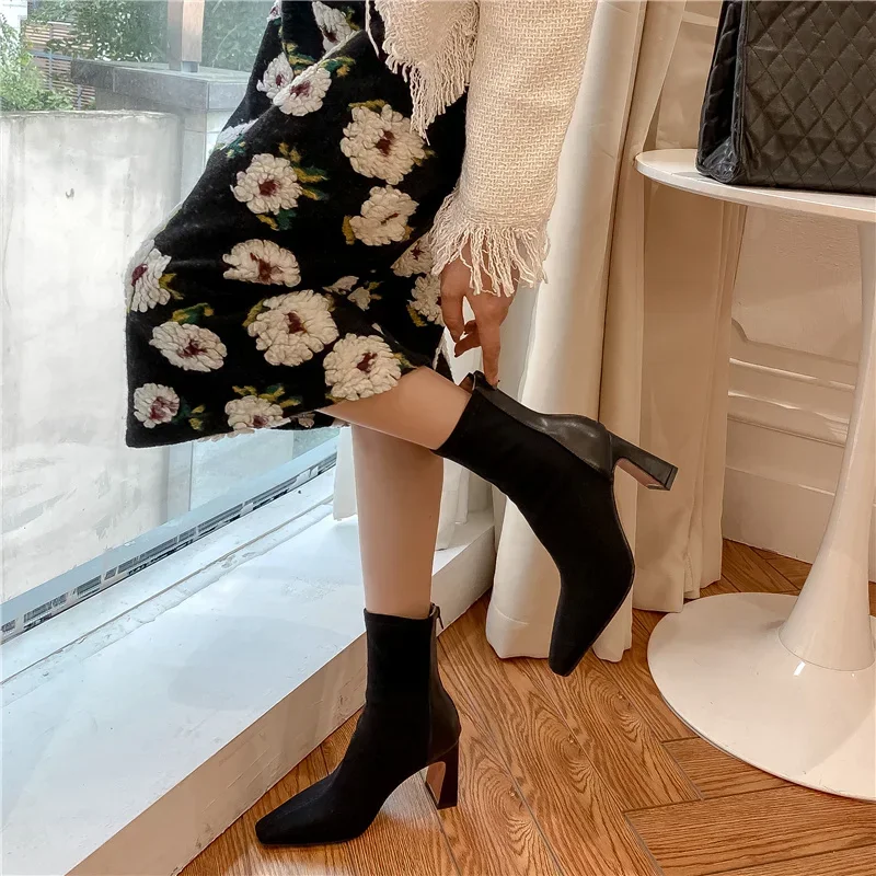 

Mature High Heels Women Ankle Boots Splicing Genuine Leather Stretch Short Boots Autumn Winter Office Lady Shoes Woman