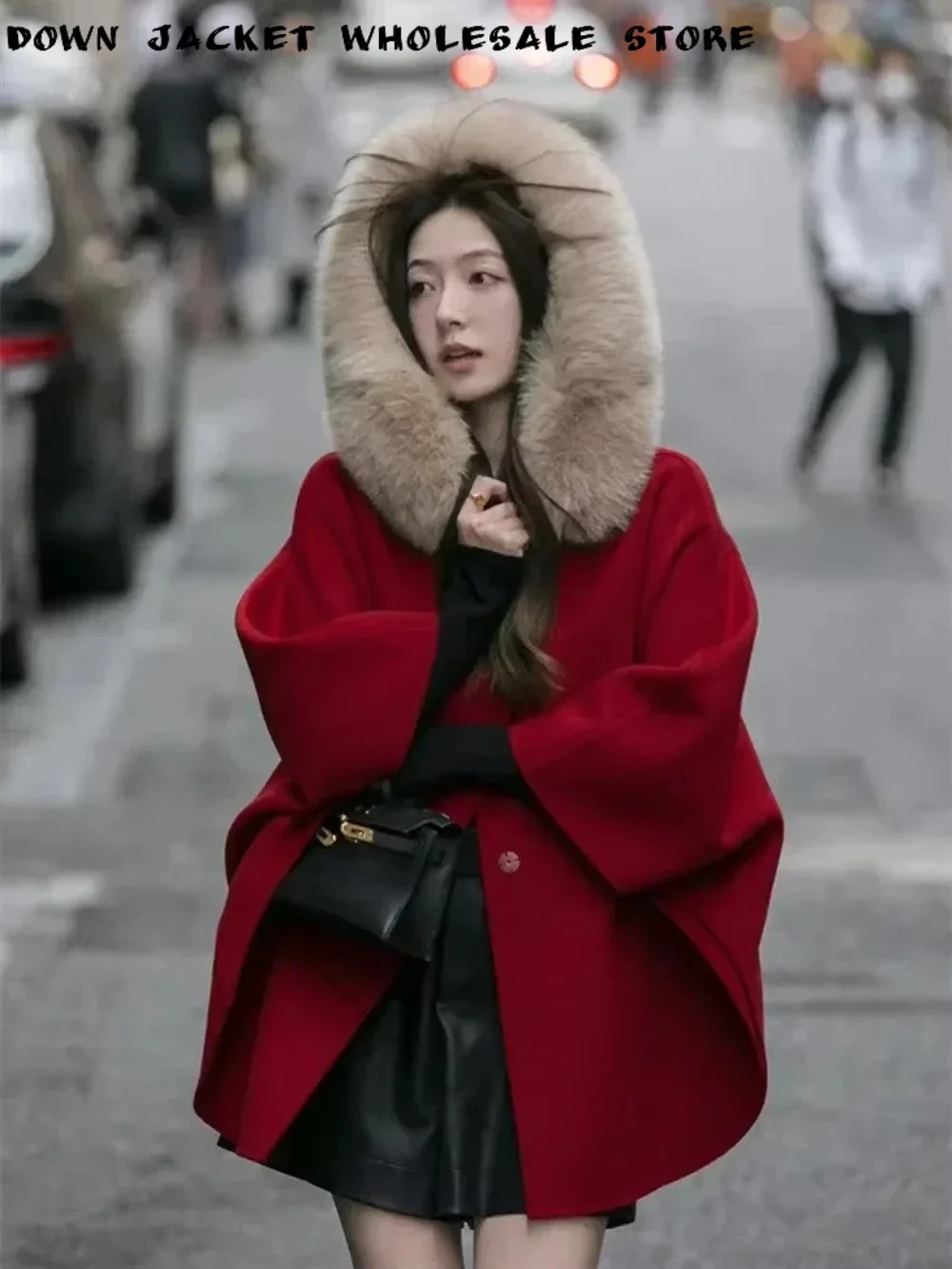 Real Fox Fur Collar Warm Jacket Women's Overcoat Winter Clothing 2024 New Detachable Fur Hooded Red Double-faced Wool Cloak Coat