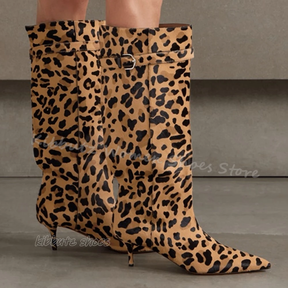 

Leopard Print Knight Boots Knee High Horse Hair Retro Fashion Elegant Genuine Leather Slip-On Pointed Toe Thin Heels Women Shoes