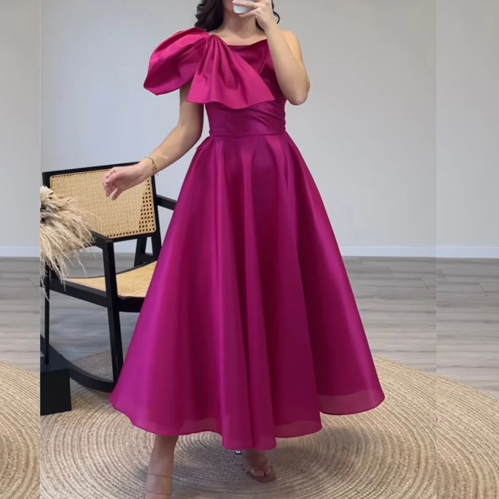 Customized Sizes Available Casual Satin Pleat Bow A-line One-shoulder Midi Dresses Prom Dresses Modern Style Retro Pastrol Fashi