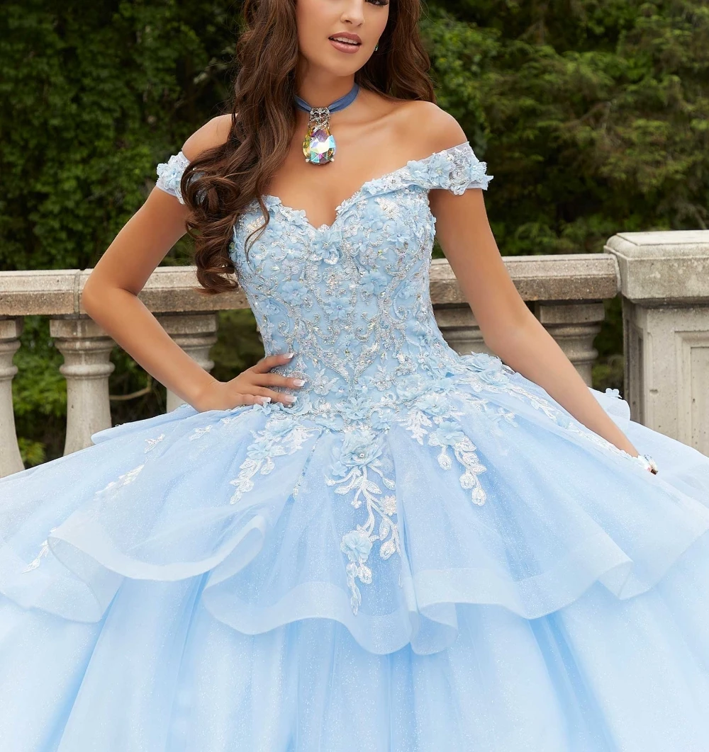 EVLAST klasyczny niebieski kryształowa sukienka na Quinceanera suknia balowa z cekinami z odkrytymi ramionami 3D kwiaty gorset Vestidos Para XV Años TQD117