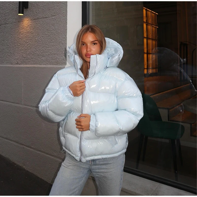 Fashion Glossy Padded Jacket Women's Solid Hooded Long Sleeve Zipper Warm Down Coat 2026 Autumn Winter New Lady Casual Outerwear