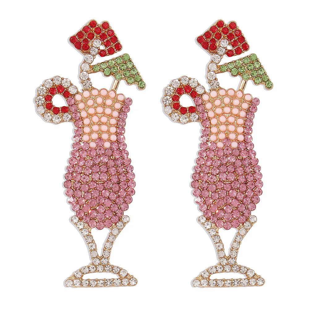 

Trendy Gold Pink Rhinestones Juice Cup Wine Glass Women Stud Earrings