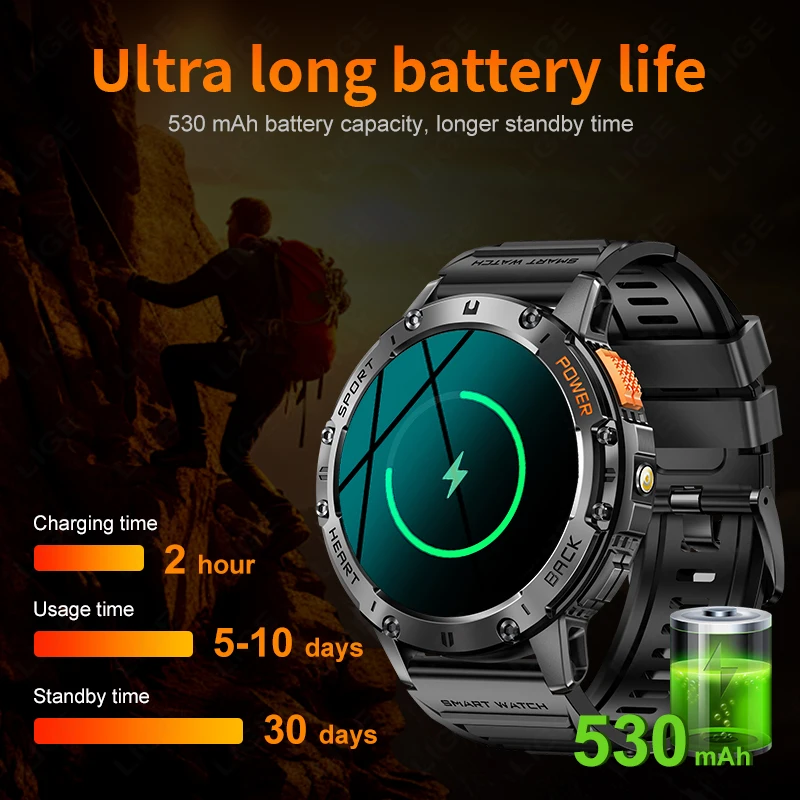 LIGE 466*466 HD Screen Smart Watch Bluetooth Call Outdoor Sports Men Smartwatch With Flashlight Heart Rate Monitor Remote Camera