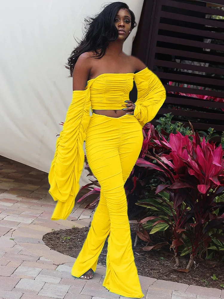 

Элегантный комплект Doyerl из 2 предметов: женский комплект для вечеринок с топом без бретелек с вырезом-лодочкой и расклешенными рукавами, а также расклешенные брюки для клуба