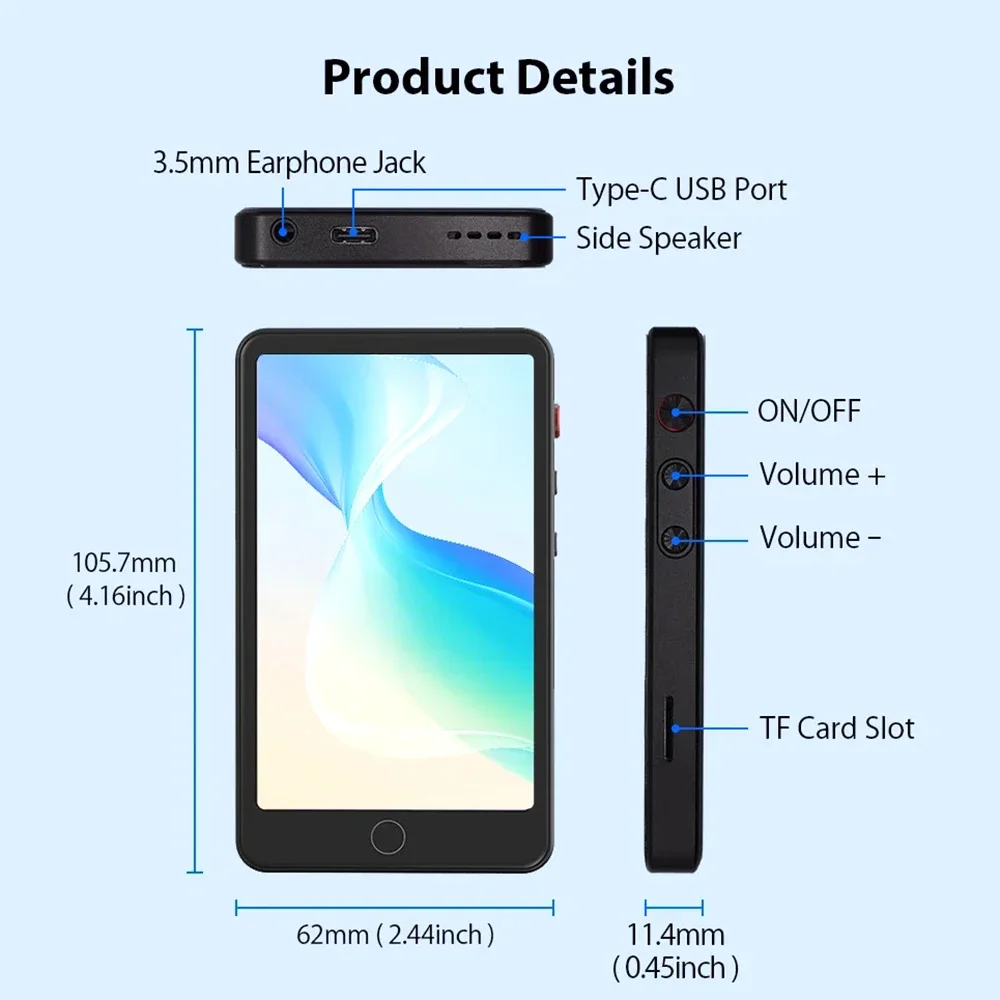 مشغل MP3 واي فاي محمول مع كاميرا معدنية بلوتوث 5.0 MP4 شاشة لمس كاملة نظام أندرويد راديو FM عالي الدقة 16 جيجابايت