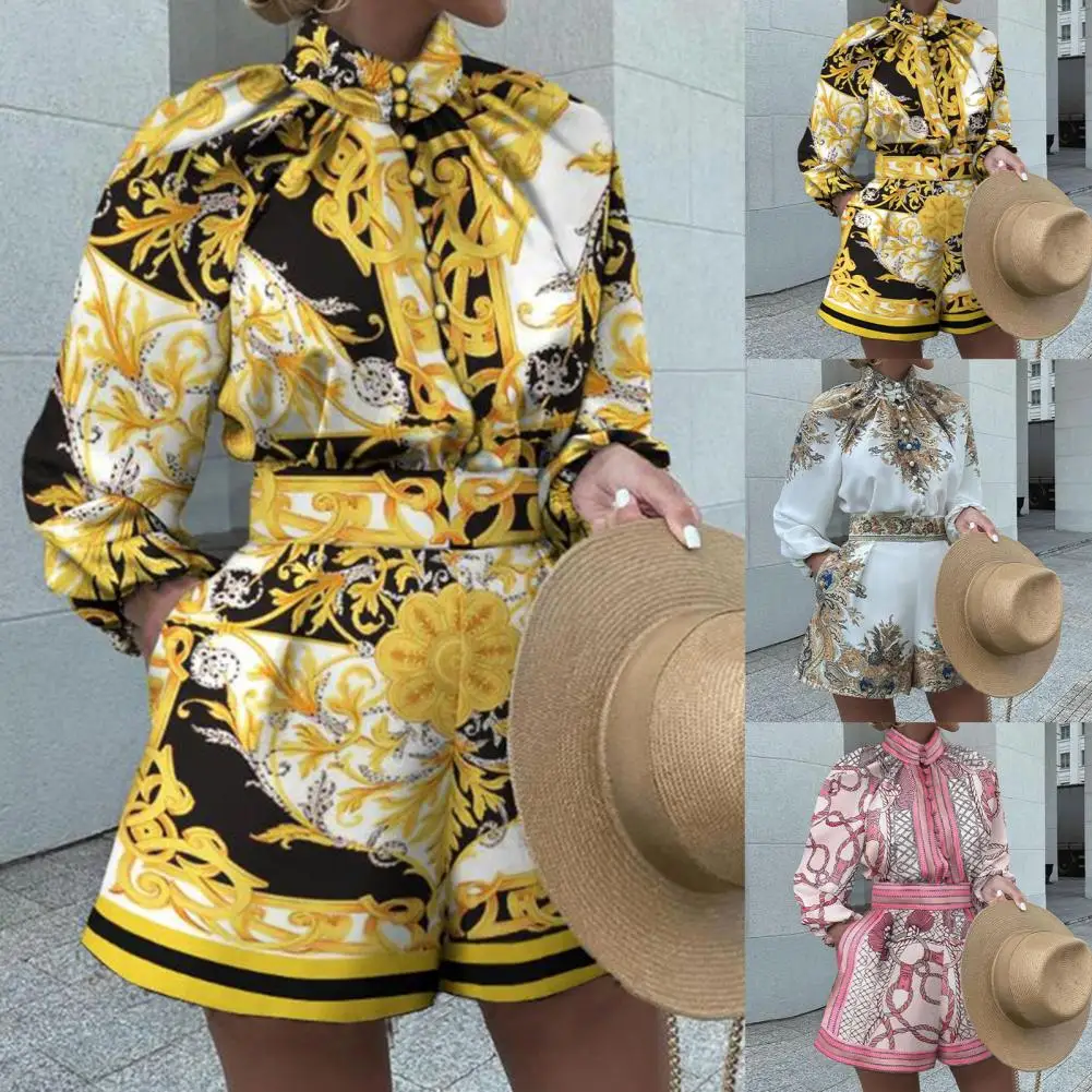 Conjunto de temperamento para mujer, traje elegante de oficina para mujer, pantalones cortos de camisa de cuello alto, cintura alta, botonadura