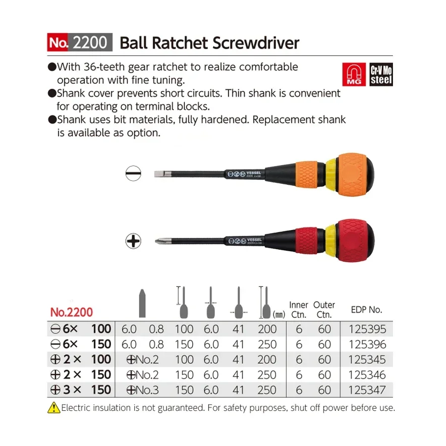 JAPAN VESSEL BALL GRIP 2200 SERIES RATCHING BALL BIT SCREWDRIVER For electricians repairing cross-slotted and slotted screws