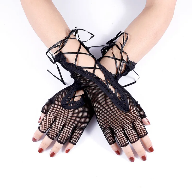 Women Sexy Lace Tie-up Half Finger Gloves, Hollow Out Mesh Gloves for Halloween, European Style Lace Decorative Gloves