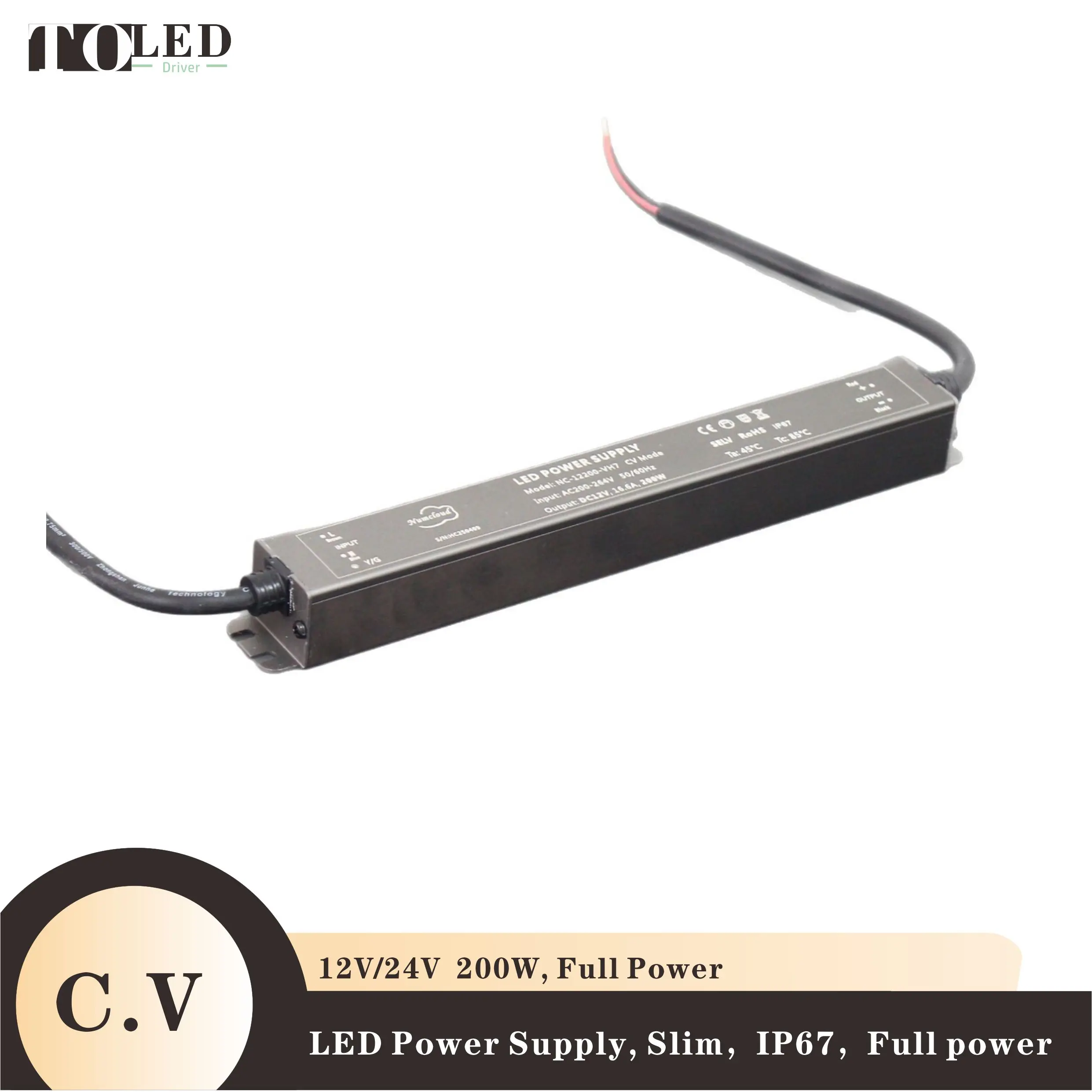 C.V DC12V/24V 200W slim LED driver switching power supply lighting transformer waterproof IP67 universal AC