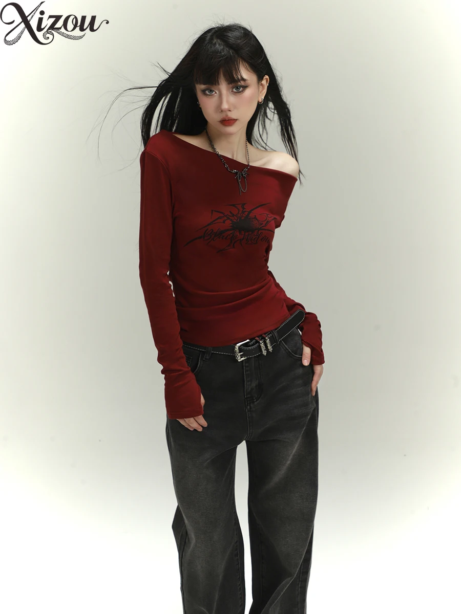

Women's Gothic Spider Print Wine Red Off-Shoulder Long Sleeve Top Y2K Grunge Slim Fit Hot Girl Streetwear Tee 2025 Party Dating