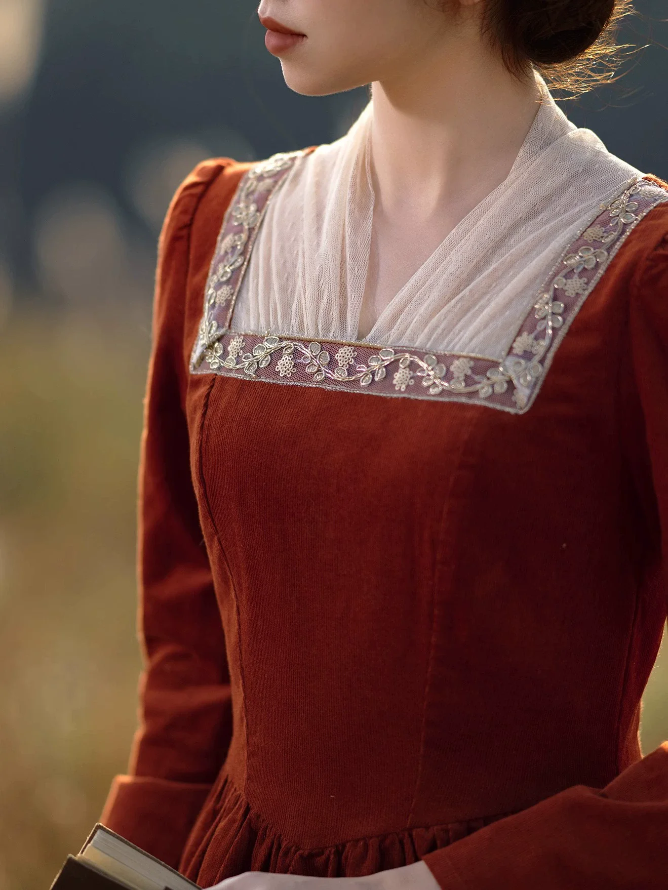 84-96cm Bust Spring Autumn Women Romantic Vintage Square Style Embroidered Patchwork Red Corduroy Cotton Dresses